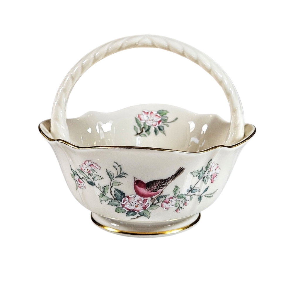 Vintage LENOX Porcelain "SERENADE" Handled Basket Bowl W/Bird - 24K GOLD